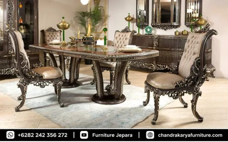 Set Meja Makan Ukir Mewah Kayu Jati Klasik Finishing Salak