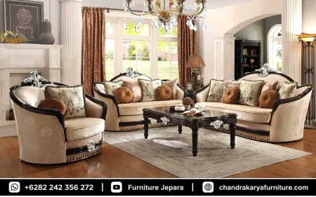 Set Sofa Tamu Mewah Modern Model Barrel Back Ukir
