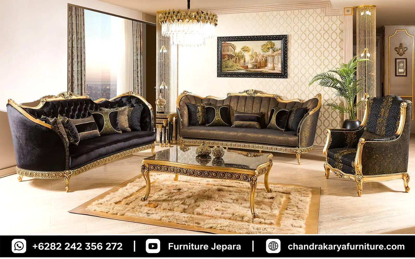 Set Sofa Tamu Mewah Ukir Italian Royal Gothic Noir