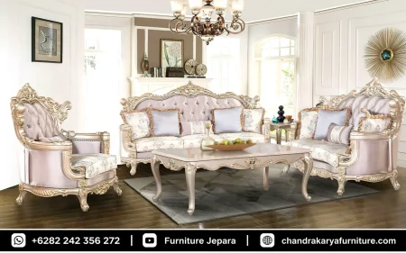 Set Sofa Tamu Mewah Ukir Mahkota Emas Gaya Victorian