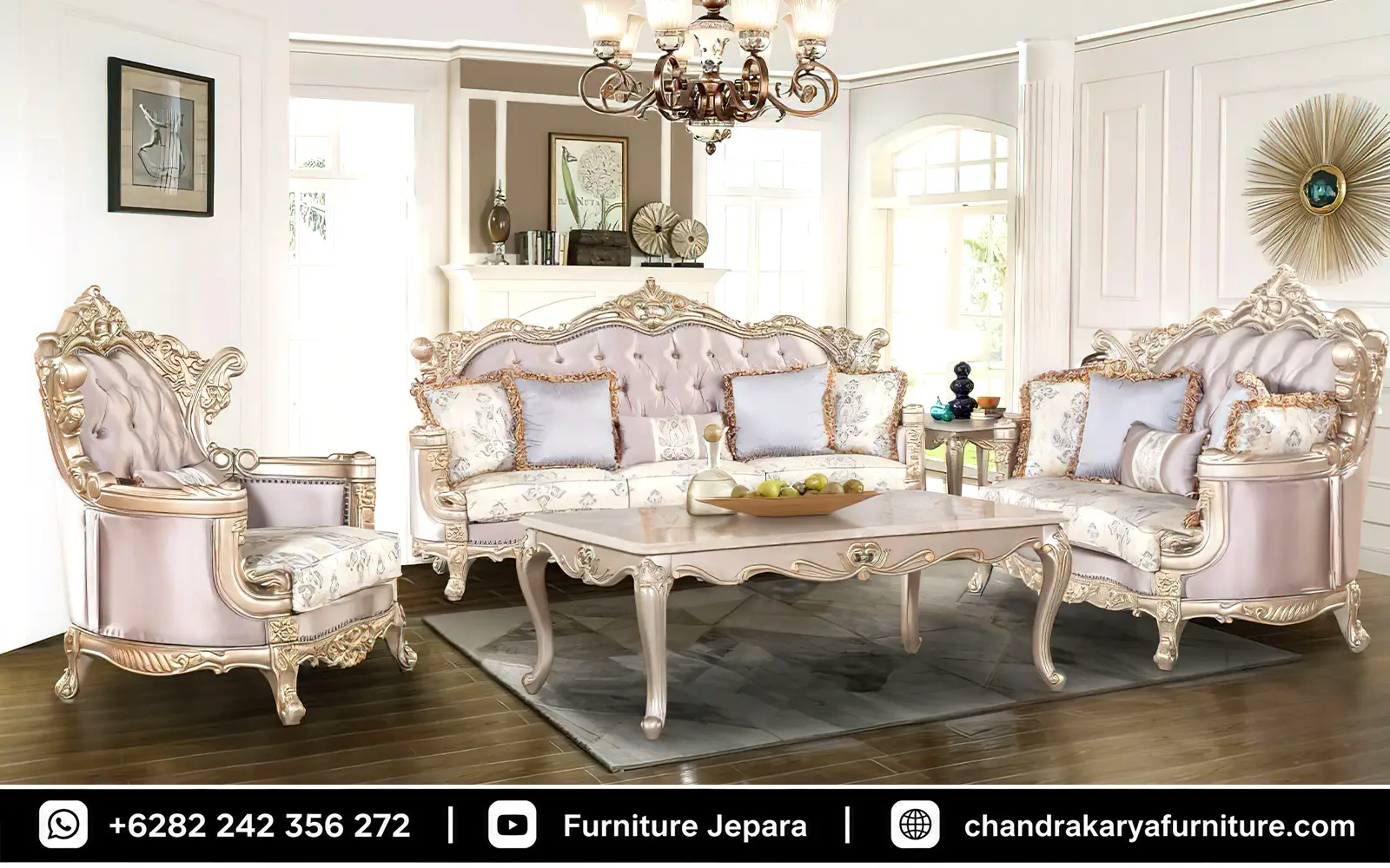 Set Sofa Tamu Mewah Ukir Mahkota Emas Gaya Victorian