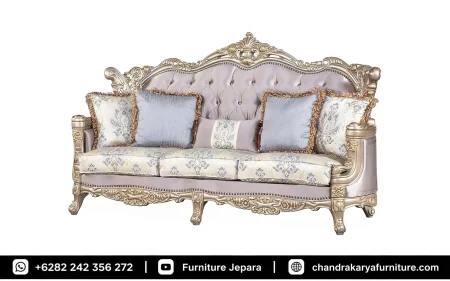Set Sofa Tamu Mewah Ukir Mahkota Emas Gaya Victorian