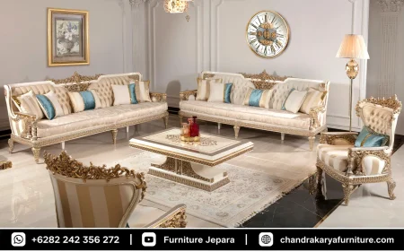 Set Sofa Tamu Mewah Ukir Neoclassic Pearl Ivory