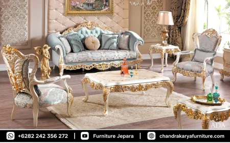 Set Sofa Tamu Ukir Jepara Classic Royalty Ice Blue Jacquard