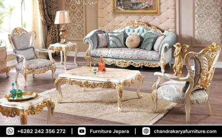 Set Sofa Tamu Ukir Jepara Classic Royalty Ice Blue Jacquard