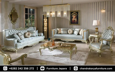 Set Sofa Tamu Ukir Klasik Mewah Ice Blue Soft Edition