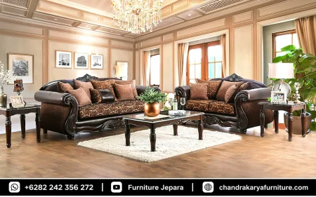 Set Sofa Tamu Ukir Mewah Kayu Jati Klasik Finishing Dark