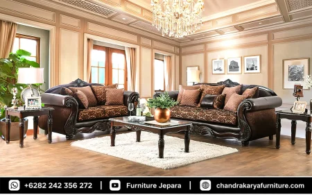 Set Sofa Tamu Ukir Mewah Kayu Jati Klasik Finishing Dark