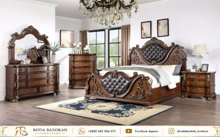Set Tempat Tidur Mewah Jati Salak Tua Dark Brown Leather
