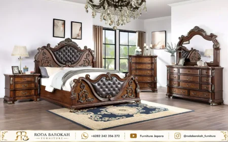 Set Tempat Tidur Mewah Jati Salak Tua Dark Brown Leather