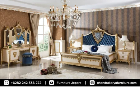Set Tempat Tidur Mewah Ukir Venetian Royal Blue Jepara
