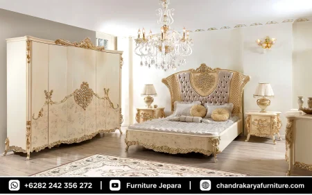 Set Tempat Tidur Ukir Jepara Classic Duco Ivory Glossy