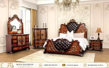 Set Tempat Tidur Ukir Mewah Cokelat Gold Style Eropa Klasik