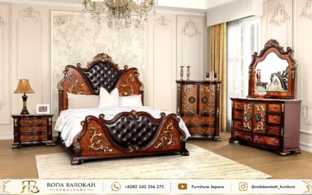 Set Tempat Tidur Ukir Mewah Cokelat Gold Style Eropa Klasik
