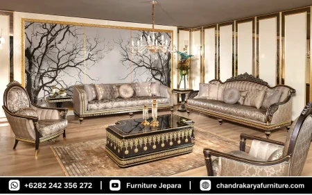 Sofa Tamu Mewah Model Eropa Klasik Ukir Kayu Jepara Finishing Espresso