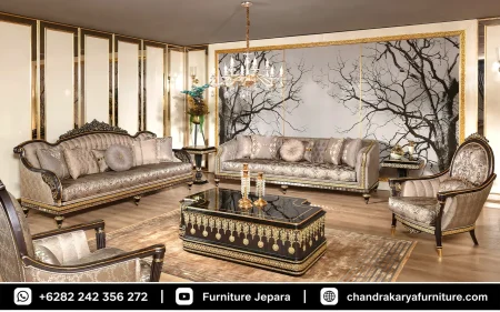 Sofa Tamu Mewah Model Eropa Klasik Ukir Kayu Jepara Finishing Espresso