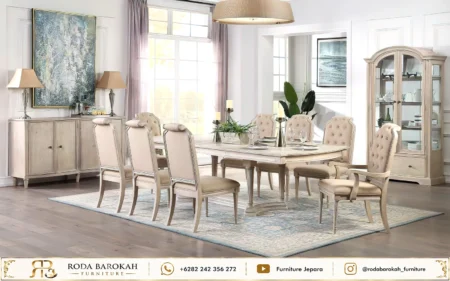 Desain Ruang Makan Ukiran Klasik Mewah Nuansa Neutral