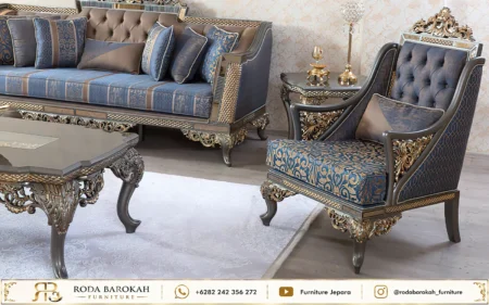 Desain Ruang Tamu Mewah Ukiran Royal Navy Blue Klasik