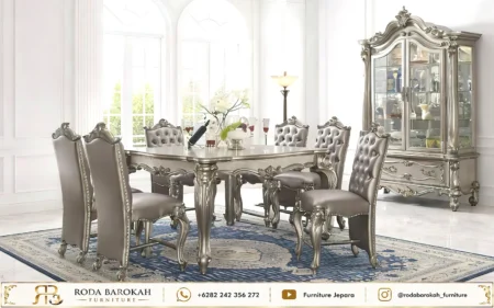 Inspirasi Meja Makan Ukir Klasik Eropa Metallic Silver Mewah
