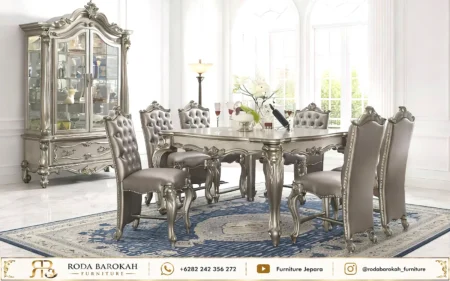 Inspirasi Meja Makan Ukir Klasik Eropa Metallic Silver Mewah