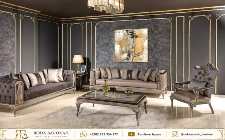 Kemewahan Kursi Tamu Ukir Klasik Dark Grey Gold Mewah