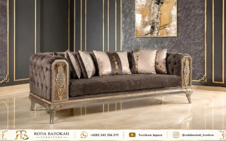 Kemewahan Kursi Tamu Ukir Klasik Dark Grey Gold Mewah