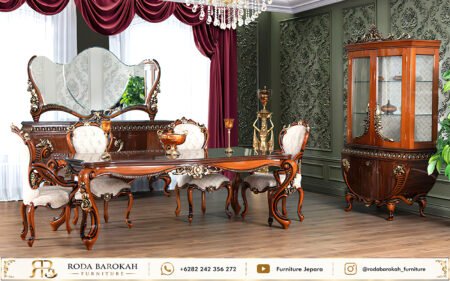 Model Meja Makan Mewah Warna Natural Kayu Jatiu Aksen Emas