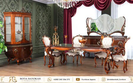 Model Meja Makan Mewah Warna Natural Kayu Jatiu Aksen Emas