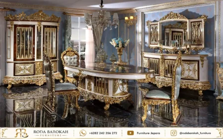 Model Ruang Makan Klasik Nuansa Gold Light Blue