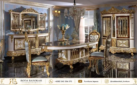 Model Ruang Makan Klasik Nuansa Gold Light Blue