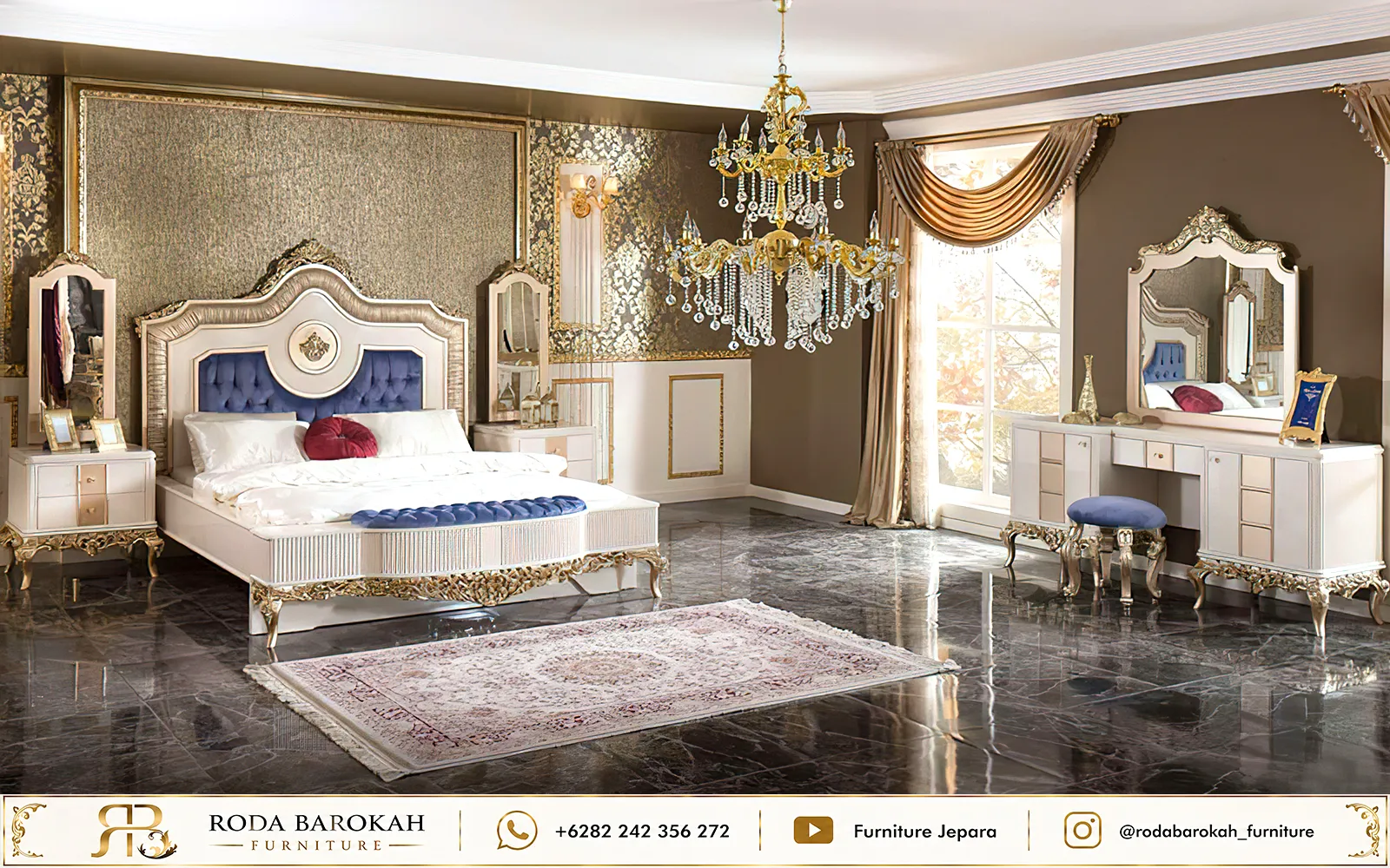 Set Kamar Tidur Ukir Sultan Navy Gold Mewah