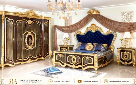 Set Kamar Tidur Ukir Sultan Royal Blue Gold Mewah Dark