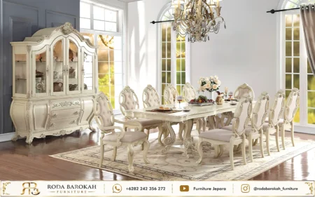 Set Meja Makan Ukir Sultan Ivory Beige Mewah