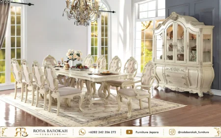 Set Meja Makan Ukir Sultan Ivory Beige Mewah
