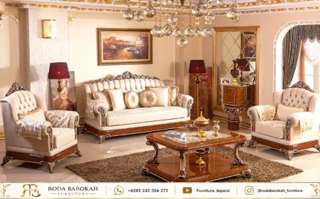 Set Sofa Tamu Jepara Mewah Ukir Jati Krem Gold