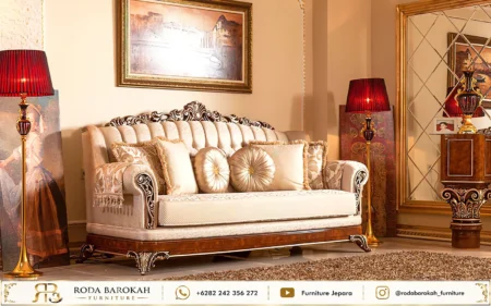 Set Sofa Tamu Jepara Mewah Ukir Jati Krem Gold