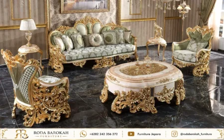 Desain Ruang Tamu Mewah Klasik Nuansa Sage Gold Elegance