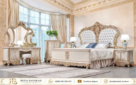 Konsep Kamar Tidur Elegan Ukiran Emas Putih Klasik