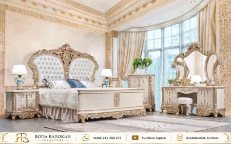 Konsep Kamar Tidur Elegan Ukiran Emas Putih Klasik
