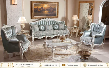 Konsep Ruang Tamu Mewah Elegan Ukiran Jepara Silver Blue