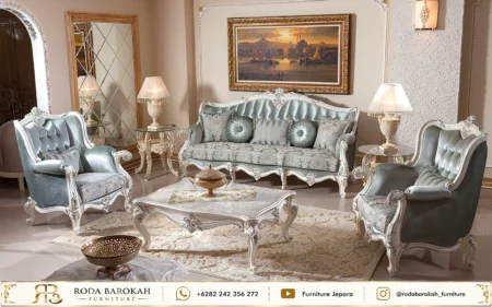 Konsep Ruang Tamu Mewah Elegan Ukiran Jepara Silver Blue