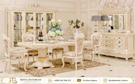 Model Set Ruang Makan Mewah Sultan Klasik Putih Ivory