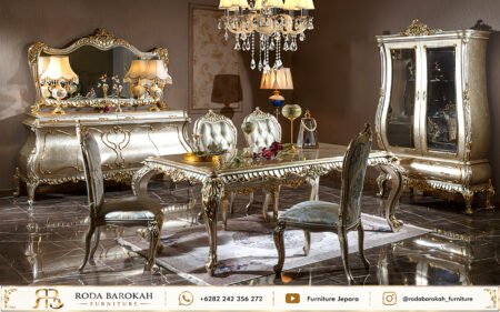 Set Kursi Makan Ukir Klasik Mewah Beludru Silver Jepara