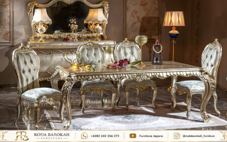 Set Kursi Makan Ukir Klasik Mewah Beludru Silver Jepara
