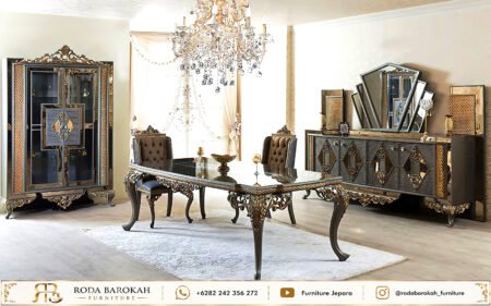Set Ruang Makan Mewah Klasik Modern Meja Lemari Hias