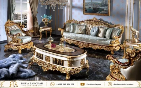 Set Sofa Tamu Klasik Eropa Blue Damask Silk Mewah