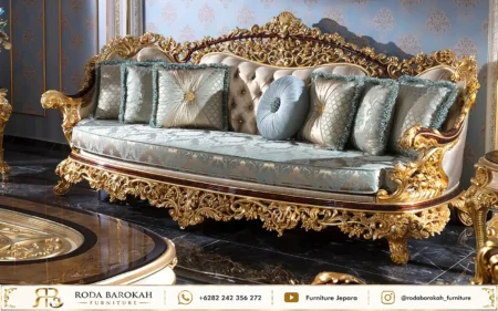 Set Sofa Tamu Klasik Eropa Blue Damask Silk Mewah