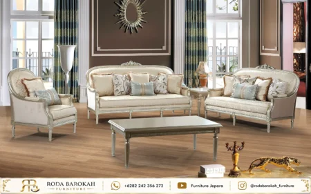 Sofa Tamu Set Mewah Warna Krem Gaya Neoklasik