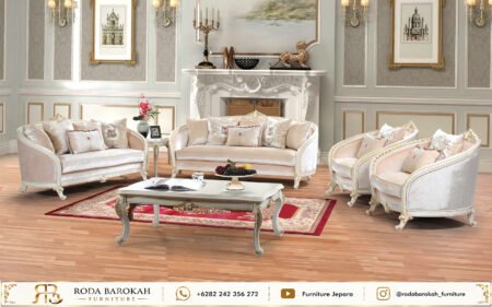 Sofa Tamu Ukir Klasik Mewah Beludru Cream Jepara