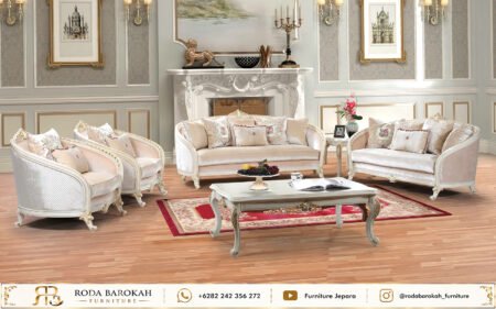 Sofa Tamu Ukir Klasik Mewah Beludru Cream Jepara